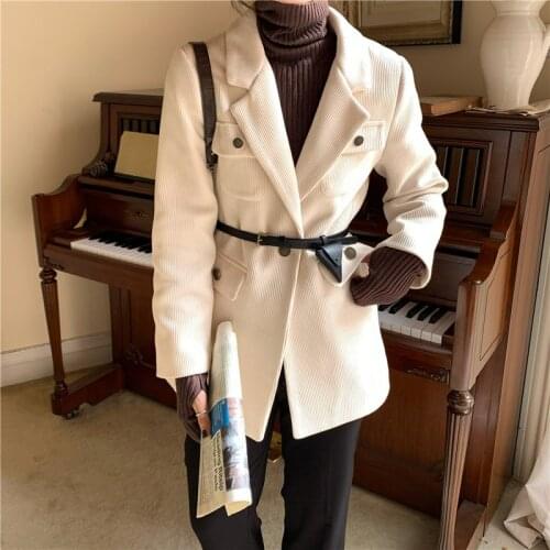Women Autumn Winter White Corduroy Long Sleeve Blazer Coat Notched Collar Single Button Jacket with Waistbelt Casual Outwear
