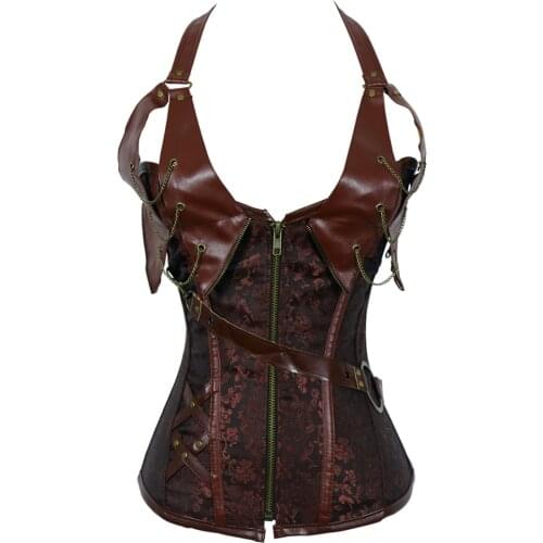 Womens Black Lingerie Sexy Halterneck Corset Gothic Steampunk Leather Corselet With G-String 8908