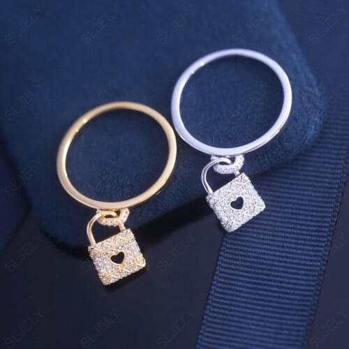SLJELY Fashion S925 Sterling Silver Yellow Gold Color Pave Heart Padlock Charm Ring Women August New Luxury Brand Monaco Jewelry