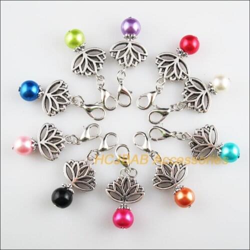 10 New Lotus 16x25mm Charms Mixed Ball Glass Tibetan Silver Tone Retro With Lobster Claw Clasps