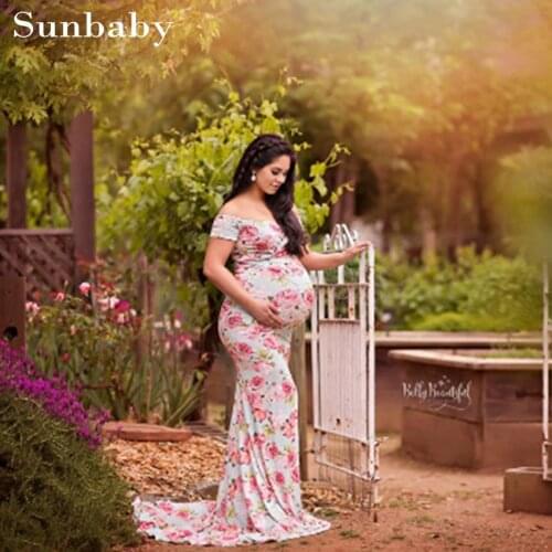 2021 Summer Cute Fashion Floral Rose Printed Shoulderless Long maternity dresses photography clothes for pregnant women