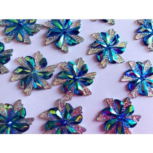 30pcs 30mm blue/AB colour sew on rhinestones resin gemstone hang sewing strass crystal flower shape flatback