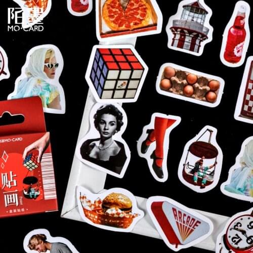 45Pcs Red Retro Series Decorative Stickers Vintage Girl/Gas/Rubiks Cube Paper Stickers Diary Planner Stationery Supplies