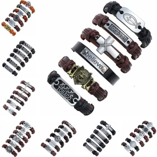 6pcs/set stylish handmade leather wristband bracelets for men women promotion gifts leather ID bracelets jewelry