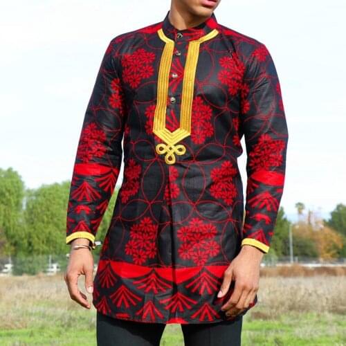 African Muslim Mens Dashiki Long Sleeve Plus Size Shirt Rich Floral Print Moslem Mens Top Casual T-shirt Tradition Chilaba Man