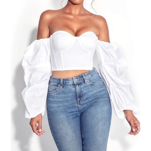 Off Shoulder Puff Sleeve Blouse Sexy Women Bustier Crop Tops Summer Fashion Lady Backless Slim Fit Long Sleeve Shirts Chic Top