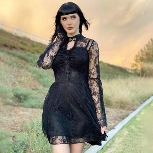 Gothic Lolita Black Lace Dress Vintage High Waist Patchwork Mini Dresses Aesthetic Elegant Women Sexy Hollow Out Party Dress