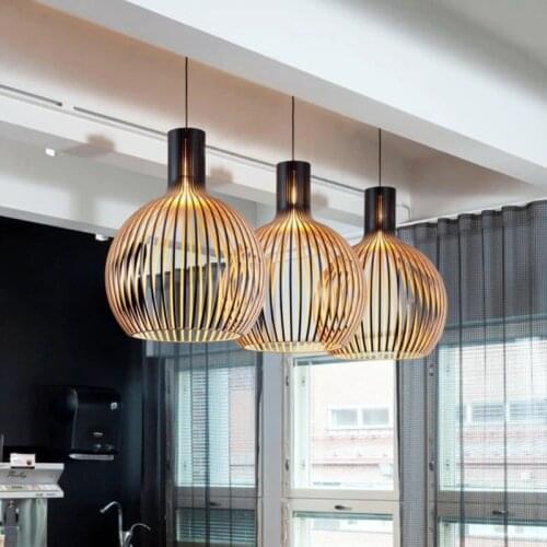 Bamboo weaving wooden Pendant lamps Nordic Black Wood Birdcage Pendant lights Designer E27 bulb for Living Room Foyer Bedroom