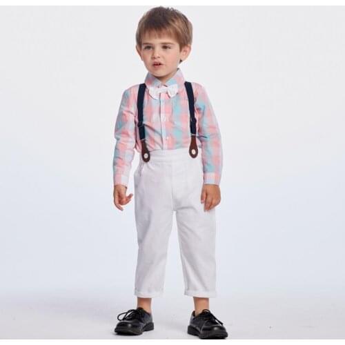 Baby Boy Clothes Children Sets Boutique Cotton Long Sleeve Plaid Infant Shirt Overalls Suit Spanish Birthday Party Clothing L846