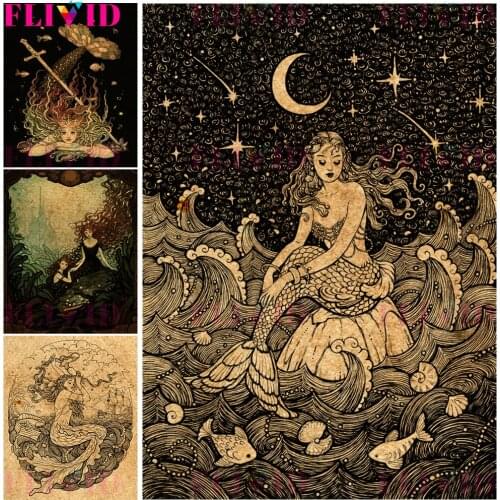 Retro Mermaid Poster And Print Enchanting The Sea Demon Wall Art Canvas Pianting The Witch Of The Moon Wall Picture Decoration