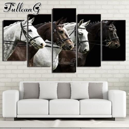 FULLCANG Animal horse 5 piece diy diamond painting large full square round mosaic embroidery multi-picture wall decor FC3634