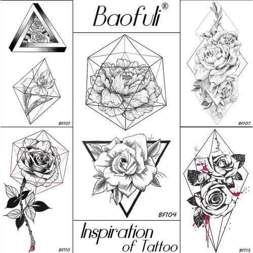 Baofuli Geometric Triangle Black Tattoo Fake Rose Flower Temporary Girls Tattoos Body Art Plant Tatto Sexy Back Arm Chest Makeup