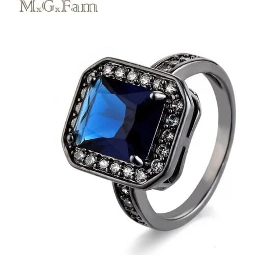 MGFam Square Deep Blue Rings For Women Black Gold color 2018 New jewelry Special Design AAA+ Cubic Zircon