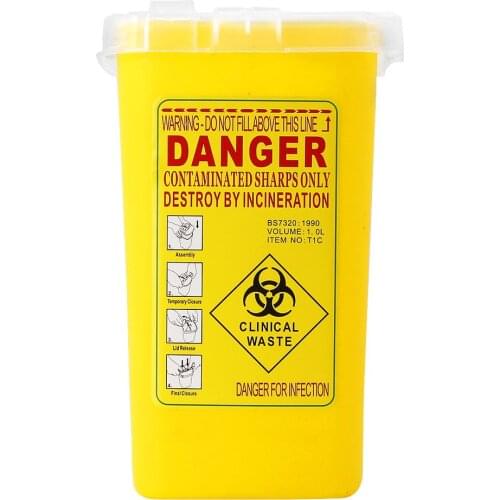 Yellow Tattoo Medical Plastic Sharps Container Biohazard Needle Disposal 1L Size Waste Box for Infectious Waste Box Storage