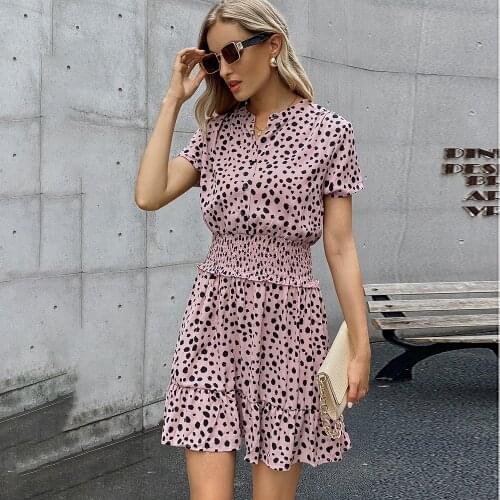Summer Women Dress Dot Print Casual Ruffle Short Sleeve Women Mini Dresses Buttons Waisted Purple Chiffon Dress Womens Clothes