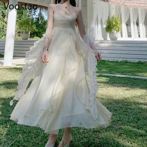Summer Women Beach Dress Elegant Off Shoulder Ruffles Princess Long Dress Female Chic Spaghetti Strap Fairy Holiday Boho Dresses