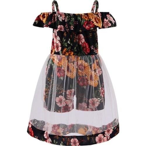 1 2 3 4 Years Baby Girl Summer Clothes Children Ruffles Floral Transparent Mesh Dress Kids Girls Straps Flare Skater Dress Pants