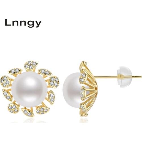 Lnngy 925 Sterling Silver Earrings 9-9.5mm Freshwater Pearl Earrings Flower Stud Earrings Women Anniversary Fine Jewelry Gifts