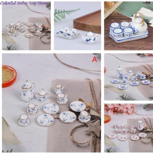 New 6Pcs Dollhouse Miniature Dining Ware Blue Porcelain Tea Set Dish Cup Plate China Ceramic Tea Set Dolls House