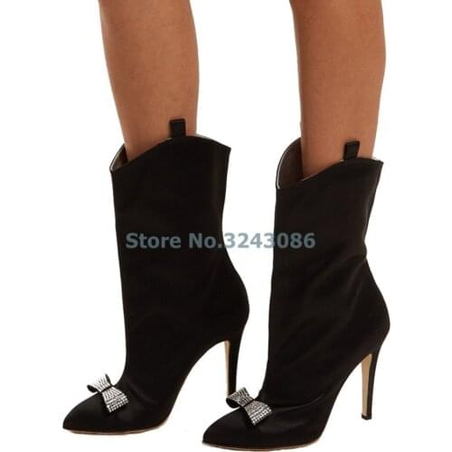 New Black Red Pink Satin Slip On Pointed Toe Ankle Boots Bling Bling Crystal Butterfly Knot Stiletto Heel Short Boots