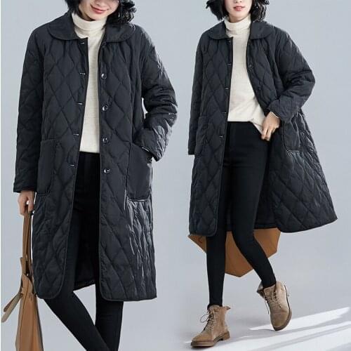 Autumn Winter Coat Fashion Plaid Long Sleeve Lapel Single Breasted Cotton Coats Women Oversize Long Casual Padded Jacket Outwear