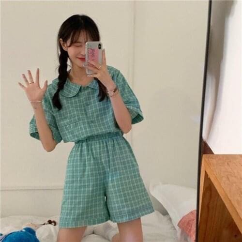 Pajama Sets Women Summer Fashion Thin Soft Simple Green Plaid Loose Daily Korean Breathable Button Maiden Cotton Cute Sleepwear