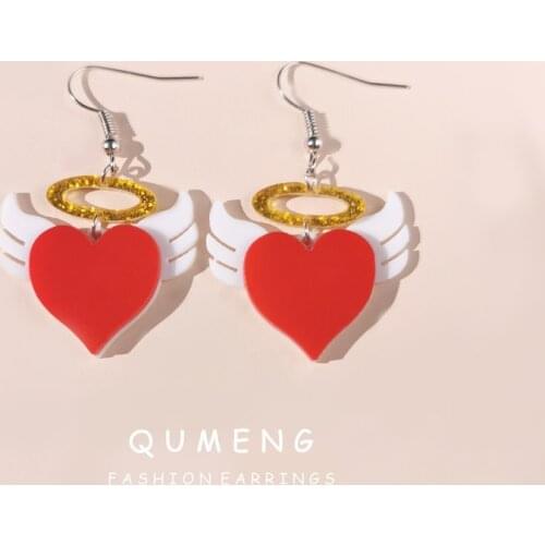 QUMENG 2020 korean Fashion Lovely White Angel Wings Red Heart Acrylic Earrings for Women Shiny Glitter Powder Dangle Earrings
