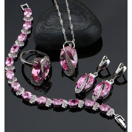 Pink Cubic Zirconia White CZ Wedding 925 Silver Jewelry Sets For Women Earrings/Rings/Bracelet/Pendant/Necklace Set