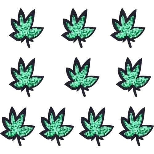 10PCS Sequin Green Leaf Patches for Clothes Iron on Applique Embroidered Patch Label Sew Accessories for Kid Jeans Shoe DIY