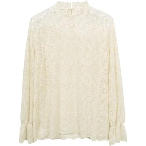 PERHAPS U Women Stand Collar Lace Long Sleeve Embroidery Floral Beige See Through Top Blouse B0416