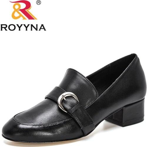 ROYYNA 2021 New Designers Popular Solid Color Round Toe Heels Women Pumps Real Genuine Cow Leather Ladies Shoes Office Footwear