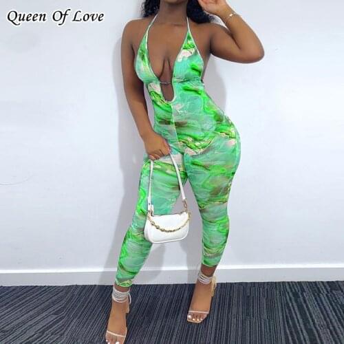 Club Party Tie Dyed Jumpsuit Women Sexy One Piece Outfits Halter Deep V Neck Backless Bodycon Jumpsuits Rompers Summer Outfit