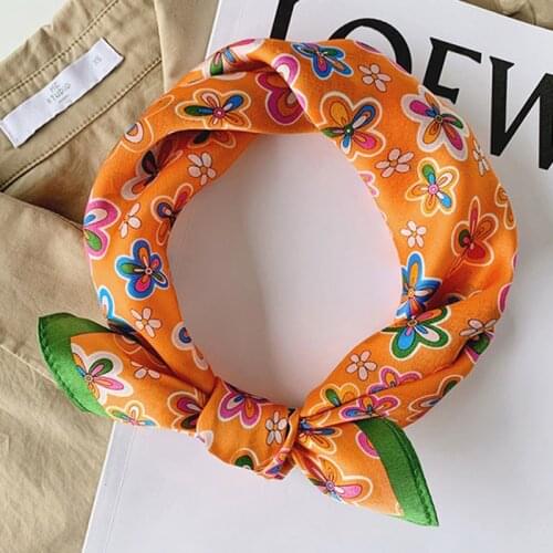 Luna&Dolphin Fashion Women Small Square Scarf 53x53 100% Real Silk Little Flower Orange Bandanas Headbands Kerchief Neckcheif