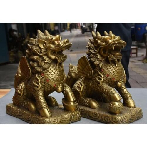 11" China Bronze kylin Kirin Chi-Lin Kilin Qilin unicorn Yuan bao Pair