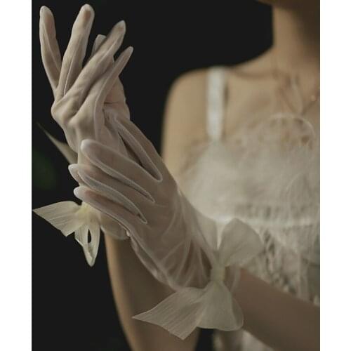 2pc/ lot New white bowknot transparent sexy short wedding bridal lady girl women finger gloves free shipping