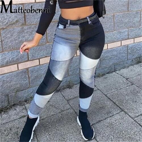 2021 Autumn And Winter High Waist Stitching Dark Denim Skinny Calf Trousers Ladies Fashion Street Casual Black Womens Jeans