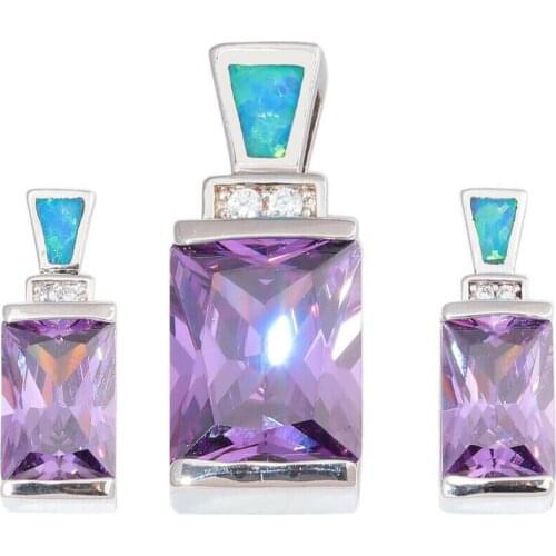 CiNily Created Blue Fire Opal Cubic Zirconia Silver Plated Wholesale For Women Pendant Necklace Stud Earrings Jewelry Set OT152