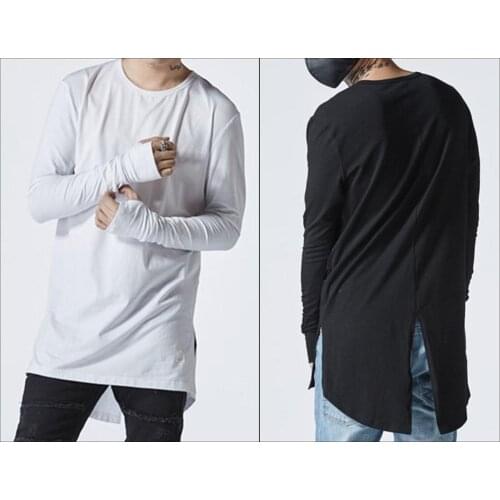 Mens Long Sleeve Cotton Back Extended tee Feauturing a Round Neck and Long Tuxede Tail Thumbs Hole Glove Sleeve Tshirt