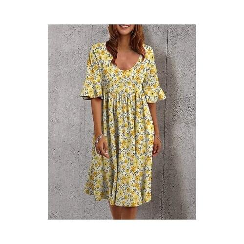 Women Round Neck Ruffle Medium Sleeve Loose Dress Fashion Sundress Casual Ladies Dress For Women Robe Femme