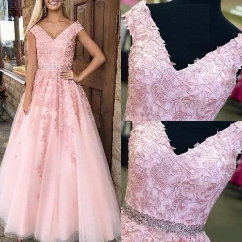 Elegant Blush Pink Tulle Prom Dresses 2020 V-Neck Sleeveless Lace Appliques Beaded Sash Lace-Up Back Celebrity Evening Gowns Abe