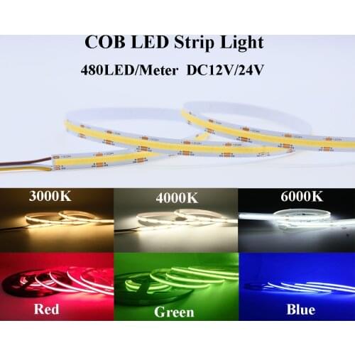 ZZEL ZYEL High Density DC12V 24V 8mm Width Cob Led Strip No Spot Linear Ribbon Light 480led/M 9watt/m Cold/Warm//Nature White
