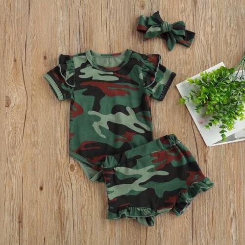 2021 Summer Baby Girls Clothes Set Camo Green Ruffle Short Sleeve Round Collar Romper Shorts and Headdress 3PCS Clothing