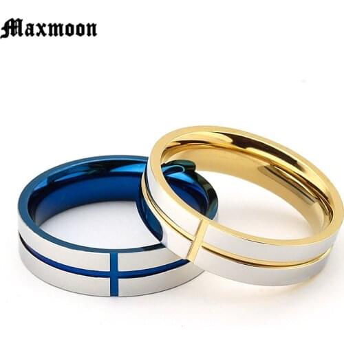 Maxmoon 6mm Couples Rings Stainless Steel Blue Gold Cross Engagement Rings For Women Men Lovers Fashion Wedding Ring