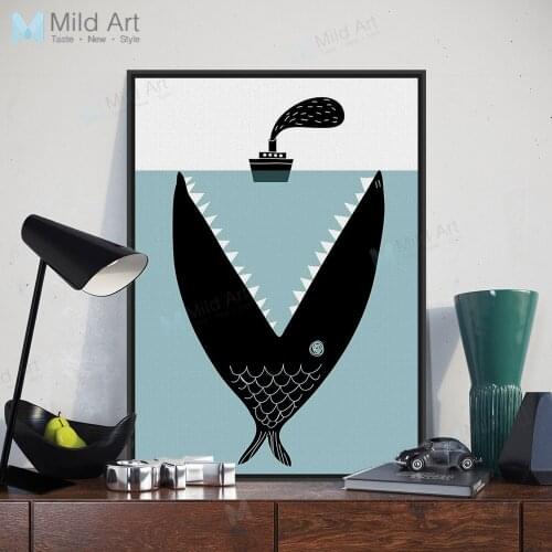 Minimalist Abstract Cartoon Fish Boat Sea Art Print Nordic Style Kids Boy Room Wall Painting Pictures Home Decor Canvas Poster