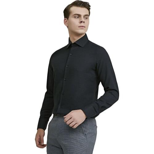 Mens Long Sleeve Standard-fit Solid Basic Dress Shirt Single Patch Pocket Formal Business Work Classic Office Black Shirts