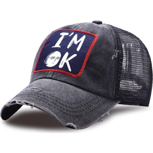 I'm OK One Punch Man Anime Snapback Hat Cotton Street Mesh Trucker Hat Breathable Riding Sun Cap Unisex Casual Baseball Caps