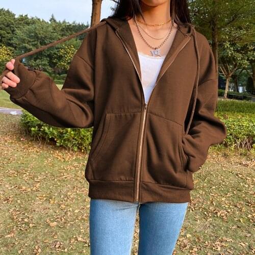 New Brown Vintage Pockets Zip Up Sweatshirt 2021 Winter Jacket Oversize Hoodies Harajuku Women Plus Size Long Sleeve Clothes 90s