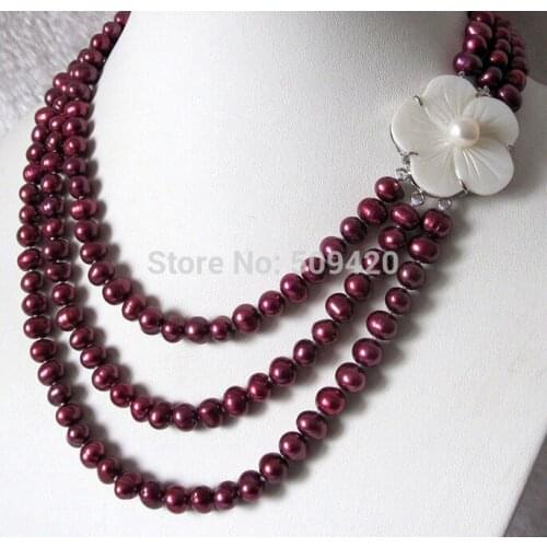 Shipping 17-20" 3Row 6-8mm Reddish Purple Freshwater Pearl Necklace Strand Jewelry (C0309)
