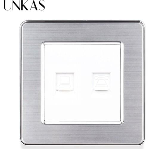 UNKAS Luxury Stainless Steel Panel RJ11 Telephone Jack With Rj45 Internet Computer Port Wall Socket 86MM * 86MM Outlet