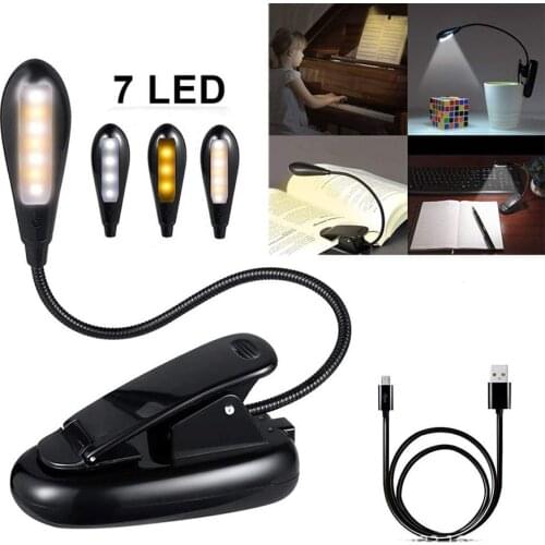 7 LED Portable Travel Book Reading Light Lamp USB Rechargeable LED Clip Booklight with 3 Level Warm/Cool White Brightness